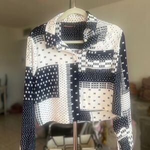 Bourgeoisie Bohem Patchwork Bandana Button-Down Crop Shirt — Navy/White